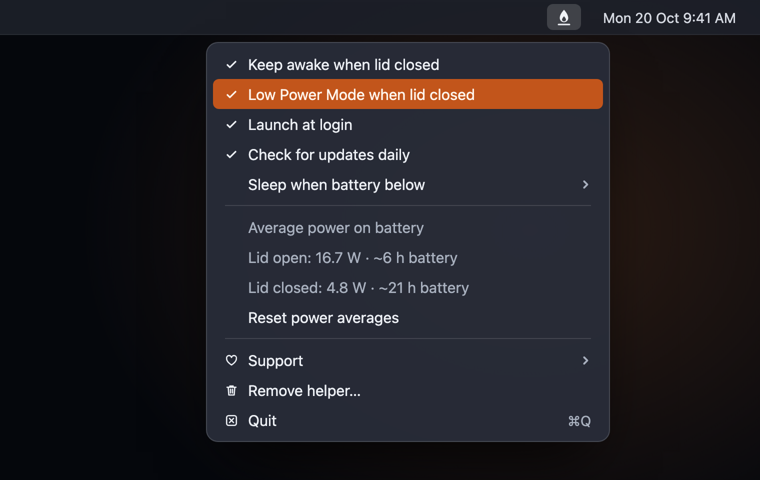 The Pilot Light menu: keep awake and Low Power Mode when the lid is closed, launch at login, update check, battery cutoff, and average power with the lid open and closed.